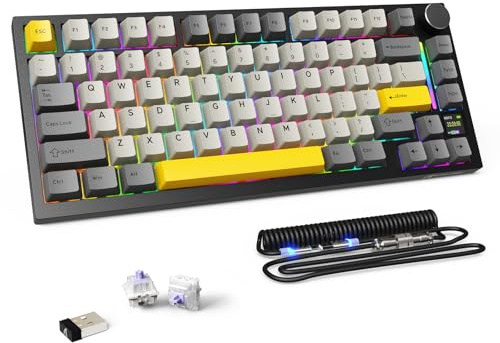 MAMBASNAKE Attack Shark X820 Ultra Mekaniskt Gaming Tangentbord med Kabel/BT/2.4G Trådlöst, QWERTY TKL 75% Gasket Hot-Swap, TFT-skärm & Knob, LIGHTSYNC RGB Backlit, Spiralkabel - Gift Switch/Grå