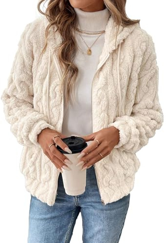 Yeenily Polaire À Capuche pour Femme Manteaux Peluche Zippée Épaissir Garder Cardigan Décontractée Hooded Coat Mode Hiver Outerwear (Couleur Abricot, M)