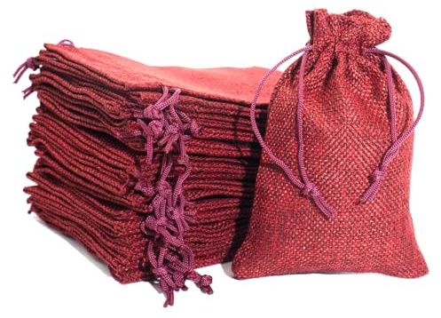 YUNSHANGHE 30 stycken jutesäckar, små presentpåsar 13 x 18 cm, jutepåse tygpåse, smyckespåse med dragsko, linnepåsar för smycken bröllopspresenter jul (vinröd)