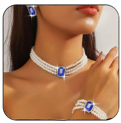 Atigy Perlenschmuckset mit Kristall Choker Halskette Brautarmband und Ohrringen für Damen (Blau)