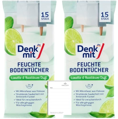 Halley Bedding Bundle: Denkmit Feuchte Bodentücher 30 Stk inkl Notizblock | 2er-Pack (2x15 Stück). Mikrofaser-Tücher mit Limette & Basilikum. Streifenfrei, antistatisch & vegan. Für alle Wischsysteme.
