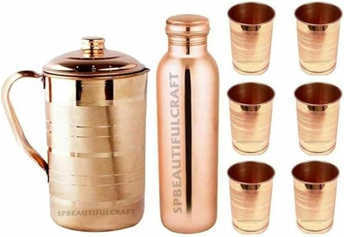 HRS India - Jarra de agua de cobre puro de 2 litros, botella de cobre hecha a mano, 900 ml, 6 vasos de cristal, juego de 4