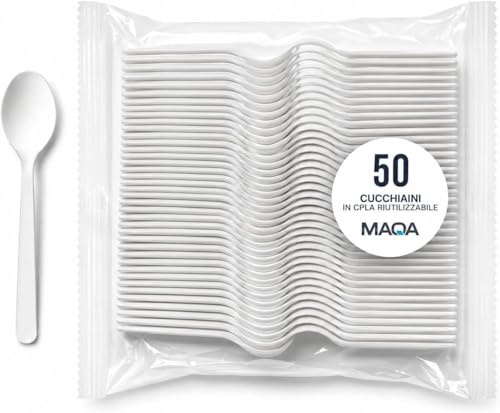 50 Cucchiaini Da Caffè e Dessert, Riutilizzabili in CPLA - 10,5 cm - Bianchi Rigidi per Gelato, Mousse, Yogurt, Finger Food e Catering – Cucchiaini Piccoli per Buffet, Feste, Aperitivi e Degustazioni