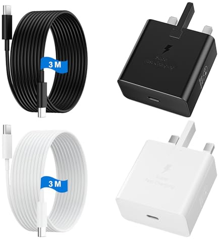 USB C Charger for Samsung Fast Charger USB C Plug & Cable 3M Long 25W Type C Super Fast Phone Charging Android Adaptor UK 2-Pack for Galaxy S25 Ultra/S24/S23/S22/S21/A56/A36/A17/A16/Note White+Black