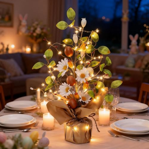 Osterdeko Baum Lichter, Ostereierbaum mit LED Lichterkette, Künstlich Osterbaum mit Bunt Ostereier, Karotte und Blumen, LED Ostern Deko Baum Innen Frühlingsdeko Lichterbaum für Party Oster Tischdeko
