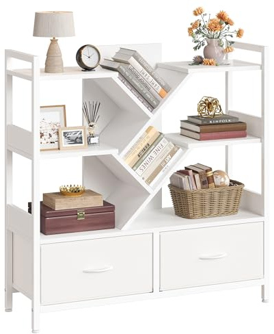 IRONCK Bücherregal mit 2 Schubladen und Rollen, Regal Weiß, 100×32×104 cm | Modernes Würfelregal mit Metallrahmen, Freistehendes Baum Bücherregal für Wohnzimmer, Schlafzimmer, Arbeitszimmer und Büro