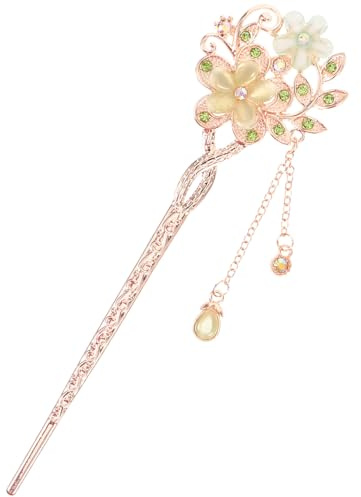 Lurrose Chinese Hairpin Tassel Pendant Hair Stick Eye Catching Elegant Flower Design Alloy Gemstone for Women Occasion