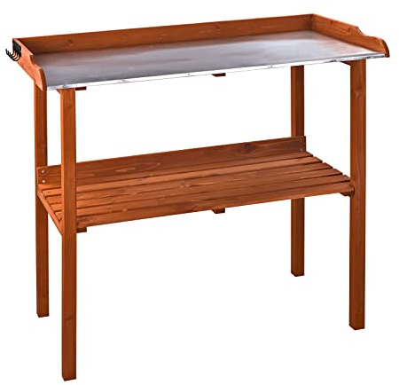 DEMA Pflanztisch 103x48x96 cm, Pflanzentisch, Gärtnertisch, Blumentisch, Massiv-Holz Antik, Verzinkte Metallauflage, Robust, Langlebig, Garten, Terrasse, Balkon, Outdoor