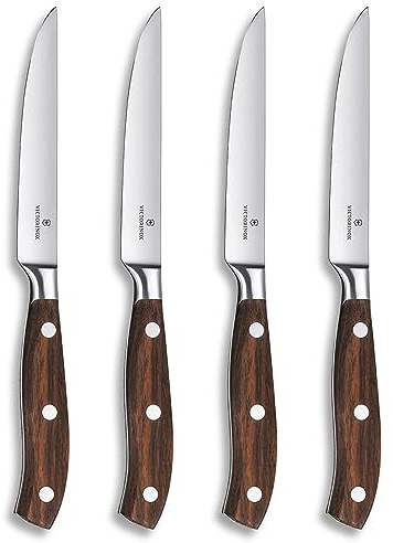 Victorinox Grand Maître Steak Knife Set, 4 pcs., Extra Sharp Blade, Straight Edge, 12 cm, Wooden Handle, Stainless Steel, Brown