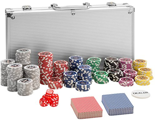 tectake® Pokerkoffer, Pokerset, Alu Koffer Set mit Pokerchips, Poker Koffer mit 300 Poker Chips, inkl. 2 Kartendecks + 5 Würfel + 1 Dealer Button, Silber