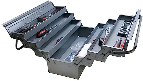 HEMMDAL Werkzeugkasten leer | 6 aufklappbaren Fächern | HxBxT 56 x 22 x 26,5 cm | mit Doppelgriff | langlebig & stabil | Made in EU | Metallkoffer ohne Werkzeug | Profi Werkzeugkiste