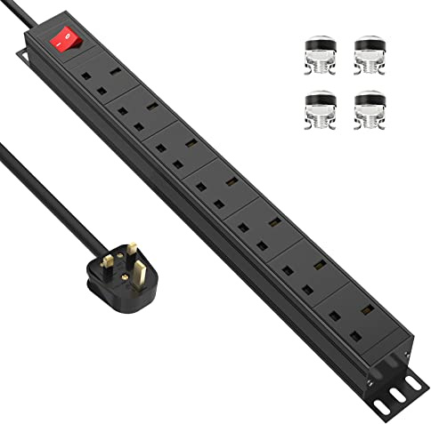 HANNELORE 7 Way Power Strip with Switch, 19 Inch Rack Mount Power Socket | 7 Way Extension Lead Surge Suppression, Wall Mount/Under Desk Power Socket for Home Office Power Distribution Unit (PDU)