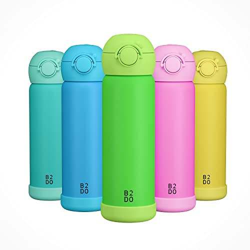 B2DO Doppelwandige Edelstahl 316 Thermoflasche für Kinder Grün 500ml| Auslaufsichere isolierte Kinder Trinkflasche für die Schule | BPA-freie Trinkflasche mit Trinkhalm für Kinder