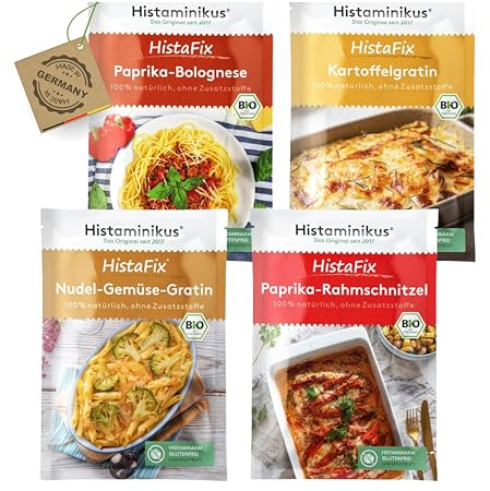 Histaminikus HistaFix-Bundle - 4er-Pack - 2-3 Portionen pro Packung - Rahmschnitzel - Paprika Bolognese - Kartoffelgratin - Nudel-Gemüse-Gratin - Bio Gewürzmischung - histaminarm - Made in Germany
