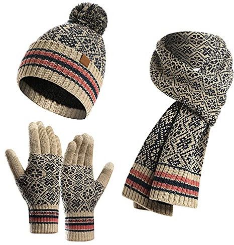 FEOYA Damen Handschuhe Schal Strickmütze 3in1 Kombiset Strickset Beanie Herren Winter Warm Fleecefutter Fäustlinge Strickhandschuhe Touchscreen-Handschuhe