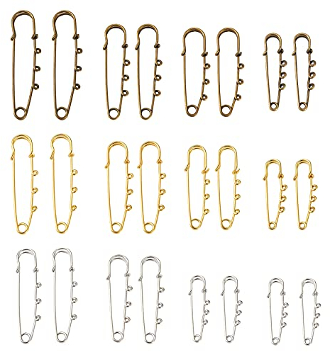 PandaHall 44 Stück Edelstahl-Sicherheitsnadeln mit 3 Schlaufen, 4,8 - 6,9 cm, robuste Metall-Kilt-Nadeln, Verschlüsse für Broschen, Decken, Röcke, Strickwaren, Handwerk