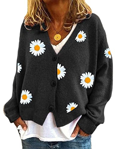 ORANDESIGNE A Noir Femme Cardigan Manches Longues Mode Veste Courte Lâché Gilets en Tricot Imprimé Marguerites Chandail Chaud Bouton Ouvert Blouson Sweater Outwear Haut Top XL