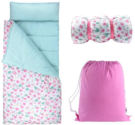 Hi Sprout Toddlers Nap Mat with Removable Pillow and Soft Blanket, Lightweight Daycare Preschool Kindergarten Sleeping Bag, Travel Slumber for Kids Girls Boys (Pink Flowers)