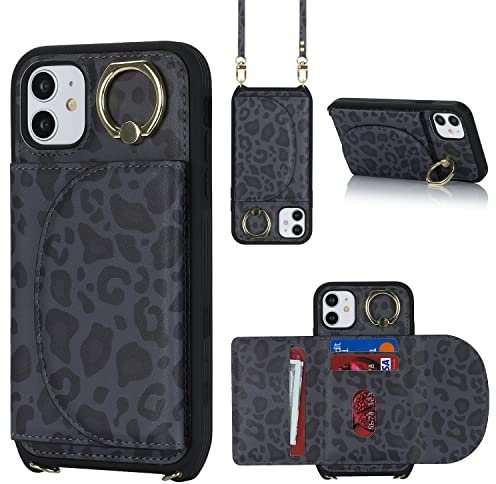 CAVOR iPhone 11 Hülle Mit Band,Handyhülle iPhone 11,Flip Leder Geldbörse Umhängen Hülle,[3 Kartenfach][Ring Ständer][Magnetisch],Handykette Handyhülle für iPhone 11 - Schwarz Leopardenmuster
