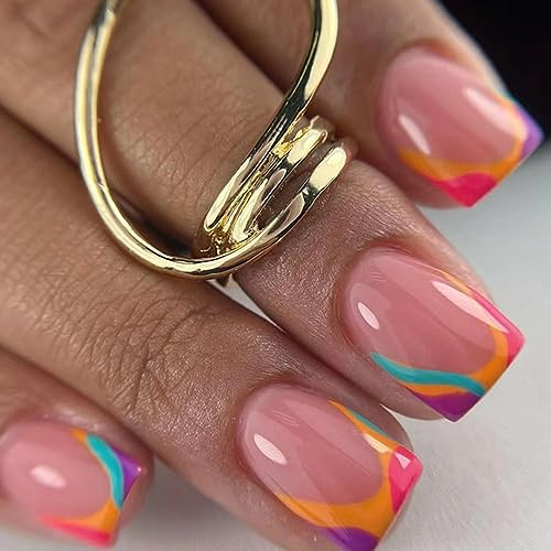 24 Stück Falsche Nägel Kurz Eckig Press on Nails, French Colorful Glänzend Nude Kunstnägel Nägel Zum Aufkleben, Wiederverwendbar Sommer Acryl Fingernägel Fake Nails für Frauen und Mädchen