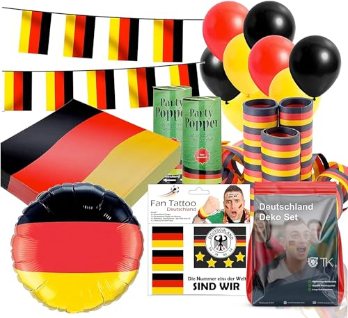3x XXL Deutschland Deko Dekoration Set Fanartikel Tischdekoration mit über 50 Teilen wie Luftballons & Wimpelkette & Servietten für Fußball WM, EM