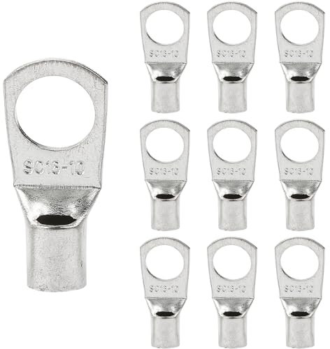 Vanyibro 10PCS Copper Wire Lugs, Copper Cable Terminal Connector,9AWG SC16-10 Bolt Hole Battery Cable Ends Eyelets Crimp Tubular Ring Terminals Connectors Silver