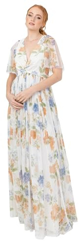 Anaya with Love Damen Women's Maxi Ladies Short Flutter Sleeve V-Neck Twist Front Empire A-line Tulle Bridesmaid Wedding Guest Prom Dress, Ivory Floral Print, 44 EU