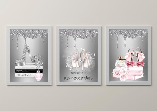 Bedroom Wall Art - Fashion Print - Aesthetic Wall Art - Digital Glitter Art Work - Wall Print Bedroom Art - Silver Girls Room Wall Picture - Set Of 3 - A4 Unframed