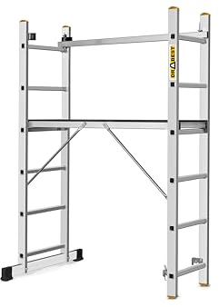 DRABEST PRO 3-in-1 Aluminium Ladder - Scaffolding, Folding Ladder, Multi-Purpose Ladder with Work Platform and Bucket Hook - Height Adjustable, Foldable - Aluminium Ladder for Construction, Garden,