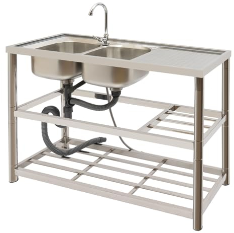 Freistehend Spültisch Edelstahl Spültisch mit Unterschrank Waschbecken Outdoor, 120x45x80cm Multifunktions Waschtisch Edelstahl, Camping Spüle 3 Unterschrank 100kg Tragfähigkeit, 360° Wasserhahn