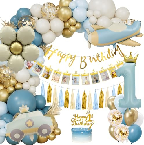 1. Geburtstag Ballons mit Happy Birthday Banner Torte Deko für Kindergeburtstag - Luftballons, Gold, Blau