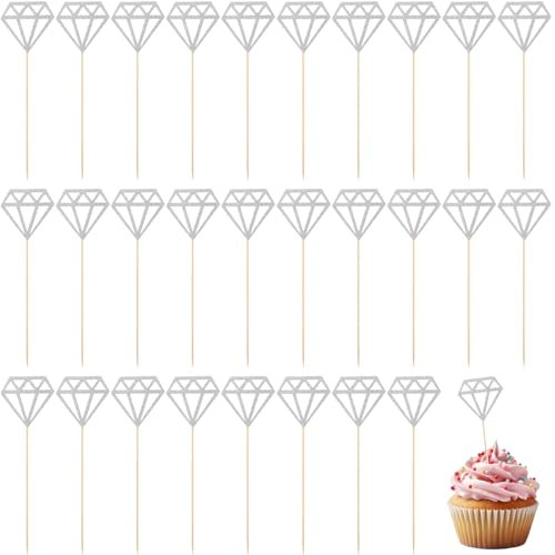 Jeffdad 50 Stück Diamant Cupcake Topper, Glitter Cupcake Picks Kuchendeckel Cupcake Dekorationen für Hochzeit Braut Jubiläum Baby Dusche Party Dekorationen(Silber)