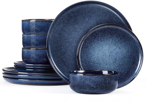 Homikit 12 Piece Dinner Set, Reactive Glaze Kitchen Dinnerware Sets for 4, Elegant Stoneware Included Plates and Bowls, Non-Scratch & Sturdy, Dishwasher & Microwave Safe, Nebulas Blue