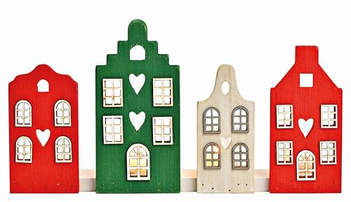 Kerzenhalter Teelichthalter Winter-Dorf länglich Advents-Leiste Adventsgesteck aus Holz für Teelichter Weihnachts-Deko Weihnachten Advent Winter Wohungs-Dekoration Farben rot, Creme & grün