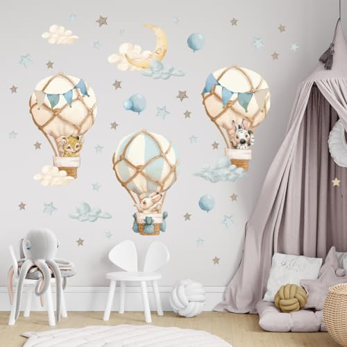 Wally Fox - Wandsticker Kinderzimmer - Wanddeko, Wandsticker - Tiere in Luftballons, Blau, Sterne, Mond, Heißluftballons - 46 Stk