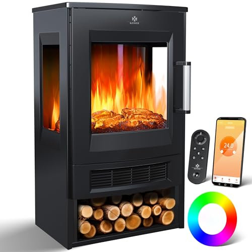 KESSER® Camino elettrico riscaldamento, finestra panoramica, ventilatore riscaldato, effetto fiamma LED 9 modalità colore, telecomando, WiFi 900/1800 W termostato (nero)