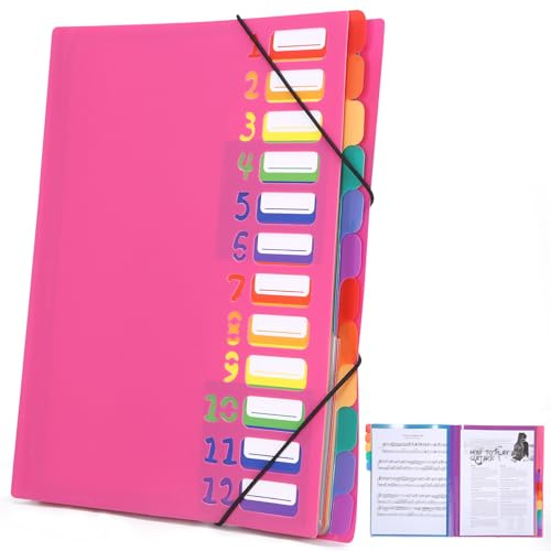 Dokumentenmappe A4,Tragbar Fächermappe mit 12 Fächern,Mit Etiketten,A4 Projektordner,mit Gummizug,Wasserdicht,zur Schreibtischorganisation und Aufbewahrung von Projektunterlagen,Rosa Red