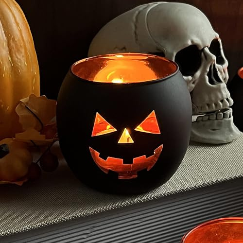 Kerzenhalter für Halloweendeko, 6 Stück Halloween Teelichthalter, Jack O Laterne, Teelichthalter, Schwarz Windlicht Glas mit Gravur, Halloween Deko für Tischdeko, Dekoration des Kamins