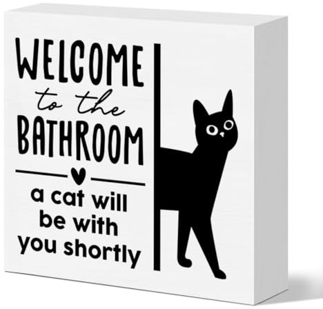 Funny Bathroom Decor Welcome to the Bathroom Wooden Box Sign Black Cat Sign for Home Toilet Restroom Shelf Tabletop Desk Cat Lover Mom Dad Gift 5 X 5 Inches