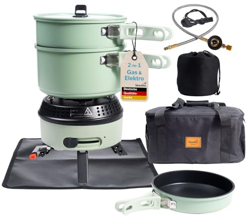 Skandika Réchaud de camping Rask | Fonctionne à l'électricité ou au gaz, allumage piézoélectrique, avec casseroles, poêle, set avec tapis & sac | Réchaud à gaz, électrique, portable