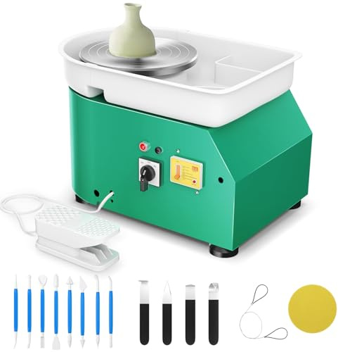 Tornio per Ceramica,350W 25CM Tornio per Argilla con a velocità Regolabile 300rpm, Tornio Ceramica Elettrico con Pedali Ceramica, Kit Strumenti di Intaglio per Adulti, Bambini(Verde)