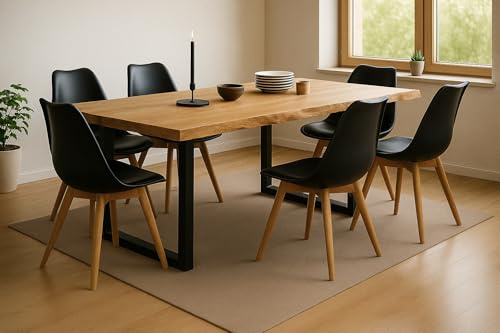 SAM 7-TLG. Essgruppe Seattle 180x90 cm, Esstisch, 6X Stuhl Schwarz | Eiche/Wildeiche massiv, echte Baumkante, U-Gestell Schwarz, 6X Schalenstuhl Schwarz inkl. Sitzkissen