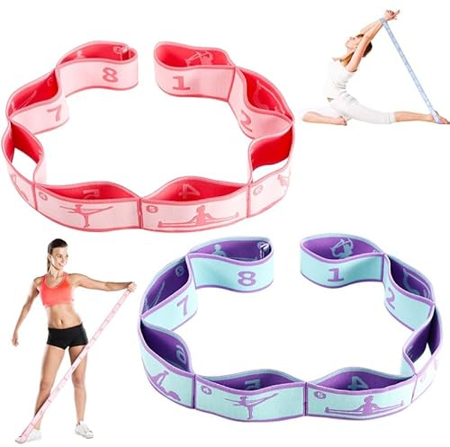 Halinuia 2 Stück Yoga Gurt Gymnastikband 8 Schlaufen Resistance Bands,Rosa und Violett (84 x 4 cm),Elastisch Trainingsband Dehnungsband Elastic Stretching Band Yoga-Enthusiasten Fitness Pilates