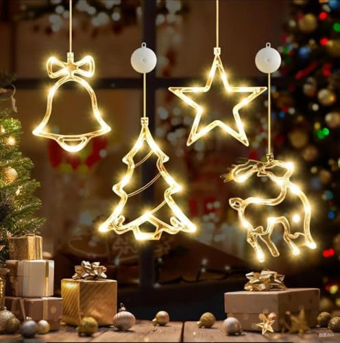 Weihnachtsbeleuchtung Fenster, 4 Stück Led Weihnachtsdeko Innen Fensterbeleuchtung Weihnachten Lichterkette Batterie Fenster Beleuchtet mit Saugnäpfe Warmweiß Lichtervorhang für Fensterdeko (LED-4)