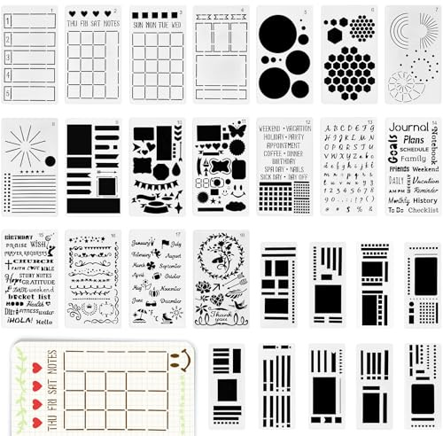 27 Stk Handgemachte Flexible Record Schablone, Wiederverwendbare geometrische Malschablonen, Schablonenentwurfswerkzeuge Journaling Zubehör, Geometrie, Linien, Buchstaben, Muster, Liebe und Zahlen