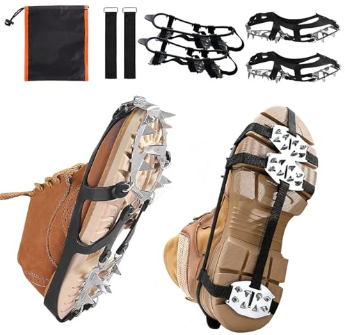 Lot de 2 Paires Crampon à Neige Antidérapant, GHUAP Crampon Verglas Chaussure, Crampon Neige Chaussure, Griffes à Crampon avec 2 Sangles de Fixation et 1 Sac de Rangement (Noir, L)