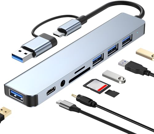 8 En 1 USB Hub Adaptador Tipo C con Puertos 3.0 Y 2.0 Lector De Tarjetas SD/TF Conectores De Audio De 3,5 Mm para Pc Portátil Unidad USB Ratón iPad