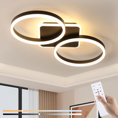 Liyabber LED Deckenleuchte Dimmbar Wohnzimmer 42W Deckenlampe Schwarz 65cm | Modern 2-Ring Design Deckenbeleuchtung mit Fernbedienung APP und Nachtlicht Memory-Funktion für Schlafzimmer, Büro, Esszimmer