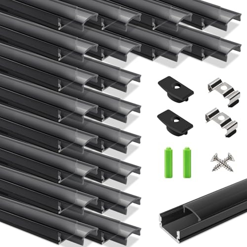 LightingWill LED-profil 20 × 1 m, U-form aluminiumprofil i svart med svart lock, ändkåpor och monteringsklämmor, LED-skena för LED-remsor