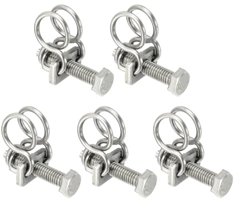 sourcing map 5 Pcs Double Wire Hose Clips 9-12 mm Stainless Steel Adjustable Wire Pipe Tube Clamps with M5 Screw Plumbing Joint Fastener for Dust Collection Pool Pond, Silver
